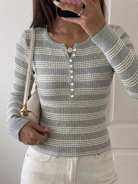 Grey Casual Women's Contrast Ribbed Ribbed Texture Slim Fit Long Sleeve T-Shirt